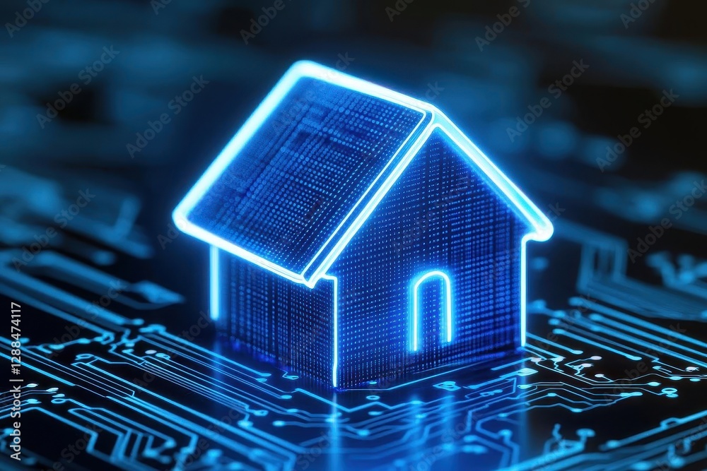 Poster digital blue glowing holographic house on a digital background with a circuit board