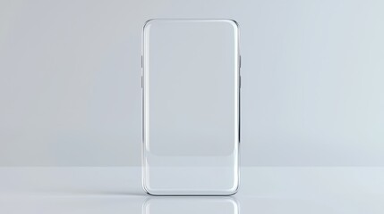 A sleek, modern smartphone stands upright on a reflective surface against a minimalist background, showcasing a clean design and empty screen.