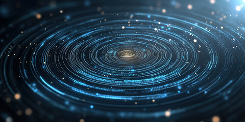 Blue glowing circular ring technology background against a black background