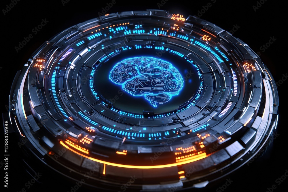 Poster futuristic artificial intelligence processing unit showing hologram of human brain