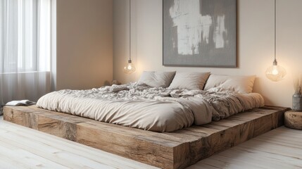 Rustic platform bed, minimalist bedroom, natural light, calm interior, design inspiration