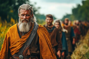 Obraz premium Viking warriors marching through a lush green landscape during a cloudy day near a settlement