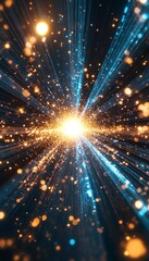 Naklejka premium A futuristic high speed data tunnel with radiant blue and golden lights converging towards a core