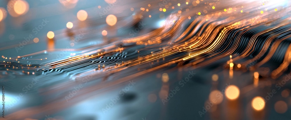 Poster a futuristic server depicted as a printed circuit board processes code, set against an orange, green