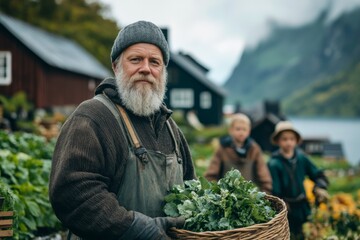 Elderly man harvesting fresh greens in a scenic garden with children in a rural landscape