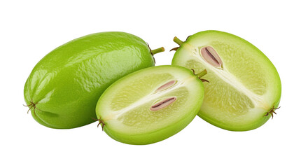 Fresh Averrhoa Bilimbi Fruit Whole and Halved on Black Background