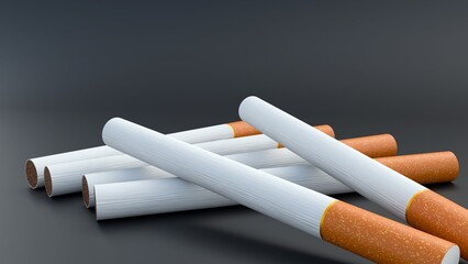 A 3d rendering of cigarettes in a close-up, angled view, showcasing their white bodies and light brown filter tips.