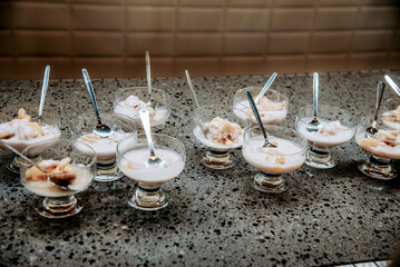 Sweet dessert table hotel restaurant, cafe dining room sell various delicacies