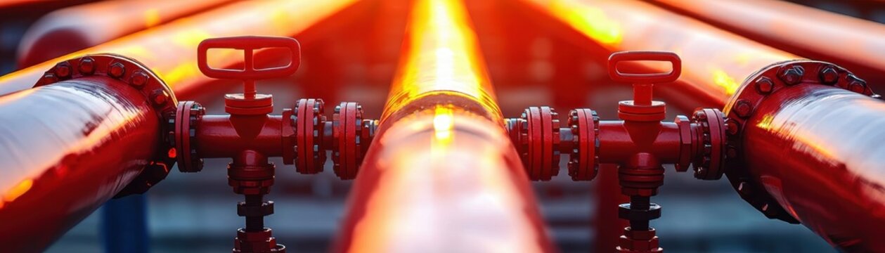 A close-up view of parallel, bright red pipes with valves, displaying a vibrant glow, commonly used in industrial or energy contexts.