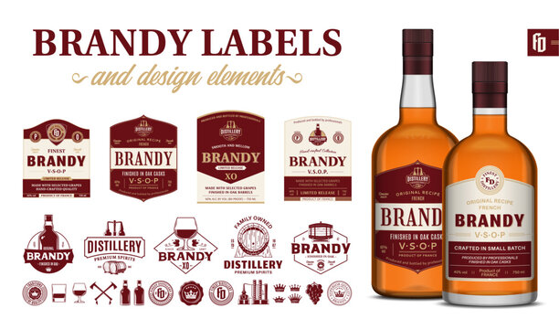 Vector red and beige premium quality brandy labels. Realistic brandy glass bottle mockups