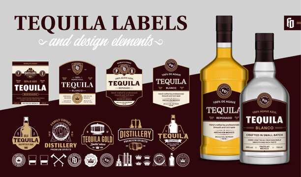 Vector brown and beige premium quality tequila labels. Realistic Tequila glass bottle mockups