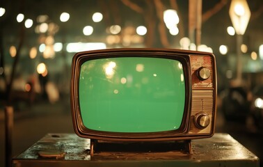 A vintage toy television from the analog transmission era features buttons and a green screen in place of the traditional gray CRT glass