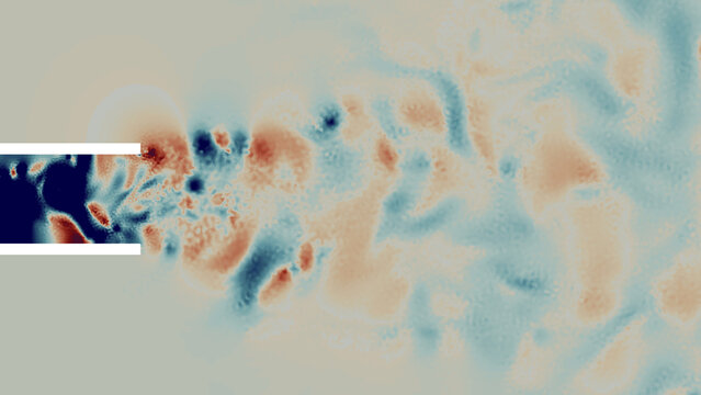 Air flow simulation of a vent using computational fluid dynamics tools. Colors show a pressure propagation of the air.