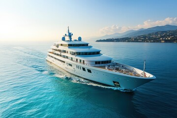 Fototapeta premium Luxurious Yacht Cruising in Serene Blue Waters with Scenic Mountainous Coastline in the Background at Sunset