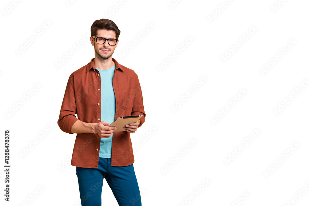 Aufkleber portrait of his he nice attractive calm peaceful successful content brunet guy consultant holding in