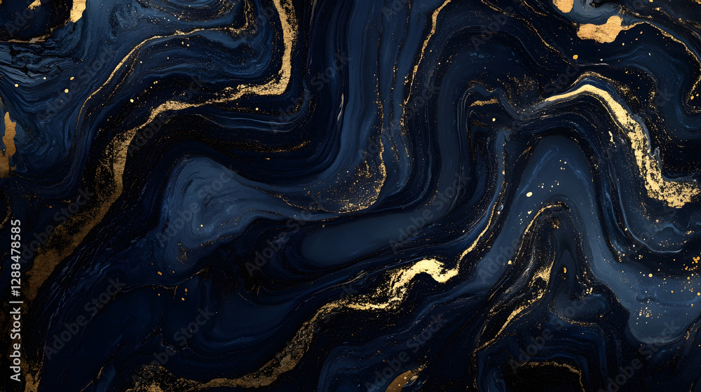 Poster Striking abstract art composition featuring glossy fluid gradient swirls in deep navy blue accented with shimmering metallic details and vivid pops of color  The dynamic