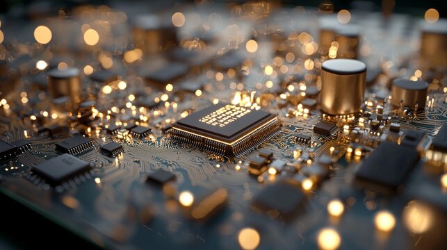 The technology background of a CPU circuit on a large wafer represents an advanced concept visualization, highlighting the role of an AI processor in the digital data transmission process through 3D