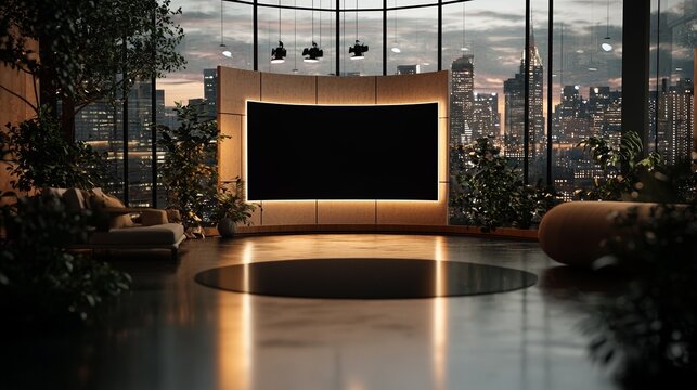 A big videowall serves as the backdrop for the event arena studio, which is ideal for hosting TV shows, presentations, or events, and can be used with green screens and VR tracking systems as a 3D