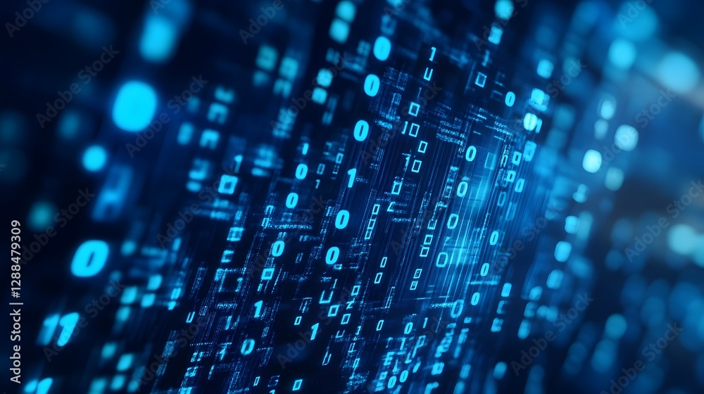 Poster Striking abstract digital matrix background with futuristic blue code binary patterns and geometric shapes  Represents the complex digital landscape of modern technology software and data