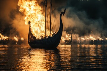 Obraz premium Viking ship ceremony at night with fire and smoke illuminating the water