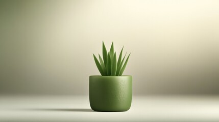 Minimalist green plant in sleek pot against softly lit backgroun
