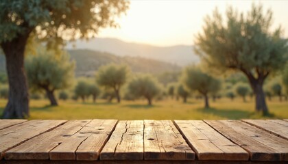 Empty wooden table for product display with olive trees at rural farm. Rustic plank tabletop with nature view, blur background, morning sunlight. Agriculture template design, copy space for montage.