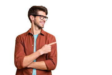 Close-up portrait of his he nice attractive cheerful cheery glad content brunet guy pointing...