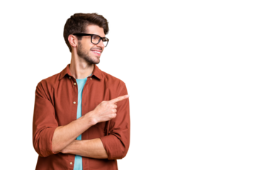 Close-up portrait of his he nice attractive cheerful cheery glad content brunet guy pointing forefinger aside copy space advice advert ad decision isolated over beige color pastel background