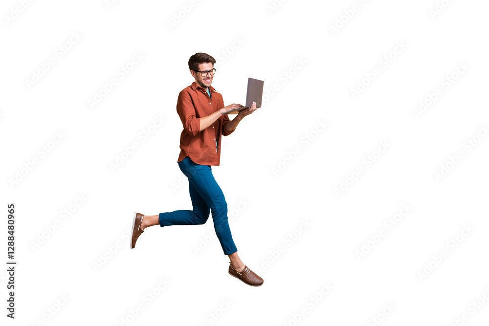 Poster full length body size view of his he nice attractive cheerful cheery glad brunet guy jumping in air 