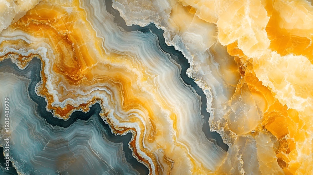 Poster Striking natural onyx geode crystal texture background in vibrant shades of orange grey and white  The intricate patterns and fluid swirls create a captivating and luxurious visual  This high end
