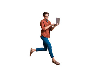 Full length body size view of his he nice attractive cheerful cheery glad brunet guy jumping in air...