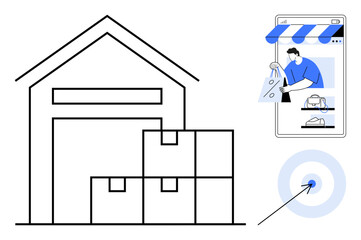 Warehouse with stacked boxes, person shopping on mobile app, and target symbol. Ideal for e-commerce, logistics, online business, customer service, fulfillment, mobile shopping market targeting