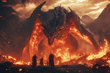 A colossal fire breathing dragon towers over warriors in an apocalyptic, fiery landscape