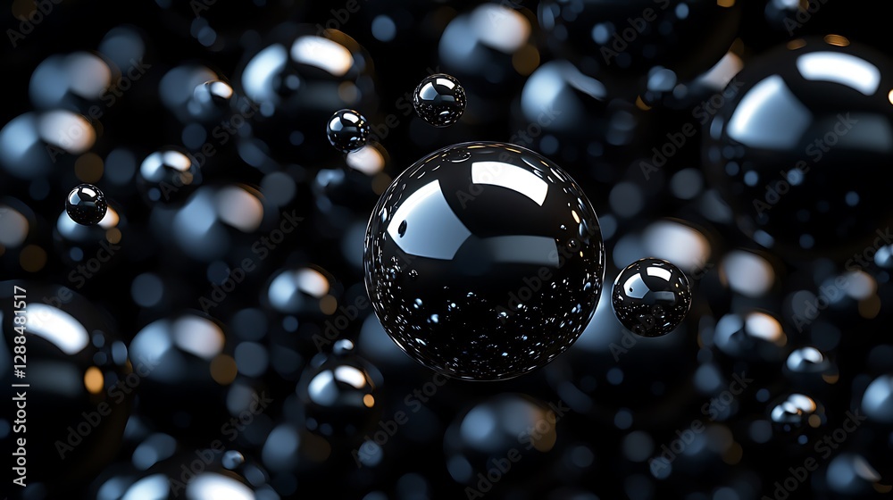 Poster spheres abstract background. dark shiny floating spheres in space. science, technology, or art desig