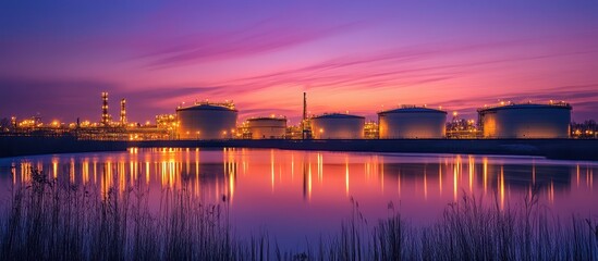 Industrial Oil Refinery Silhouetted Against Vibrant Sunset with Reflective Water Surface and Dramatic Sky