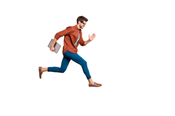 Full length body size view of his he nice attractive cheerful cheery successful brunet guy jumping in air carrying laptop running fast late hurry-up isolated over beige color pastel background