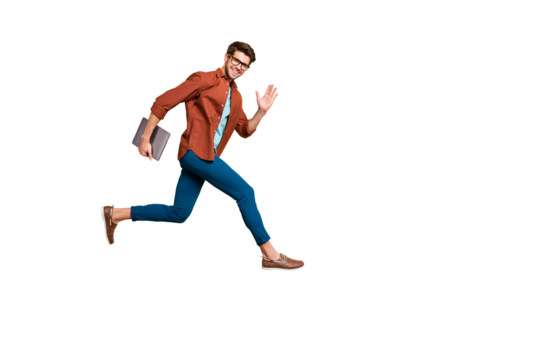 Full length body size view of his he nice attractive cheerful cheery glad content guy jumping in air carrying laptop running fast late hurry-up meeting isolated over beige color pastel background