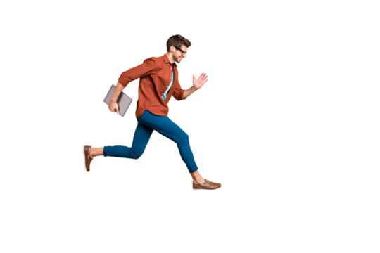 Full length body size view of his he nice attractive cheerful cheery successful brunet guy jumping in air carrying laptop running fast late hurry-up isolated over beige color pastel background - Powered by Adobe