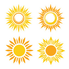 Collection of Four Abstract Sun Vector Icons with Radiating Rays – Bright, Versatile Graphics for Summer Themes, Renewable Energy, and Logo Designs
