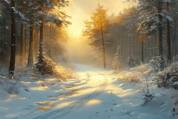 ** Serene Winter Forest Path Illuminated by Golden Sunrise with Snow-Covered Trees and Tranquil Atmosphere..**