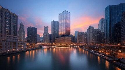 Naklejka premium Chicago sunrise, river reflection, cityscape, dawn, urban