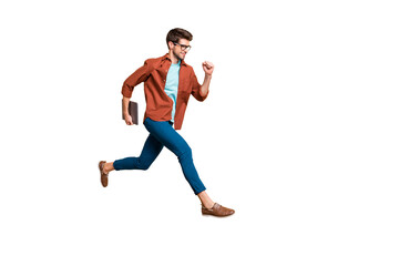 Full length body size view of his he nice attractive cheerful content successful guy leader jumping in air carrying laptop running fast hurry-up meeting isolated over beige color pastel background