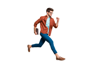 Full length body size view of his he nice attractive cheerful content successful guy leader jumping in air carrying laptop running fast hurry-up meeting isolated over beige color pastel background