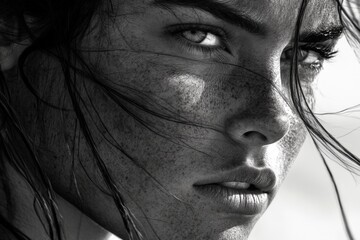 Fototapeta premium Close-up of a young woman with freckles and intense gaze on a sunny day at the beach