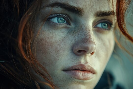 Close-up portrait of a woman with striking blue eyes and red hair, emphasizing her freckles and natural beauty in soft lighting