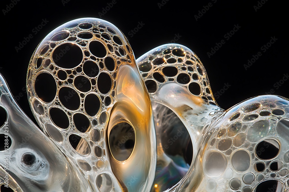 Poster Abstract bubble structure with iridescent colors and organic forms.