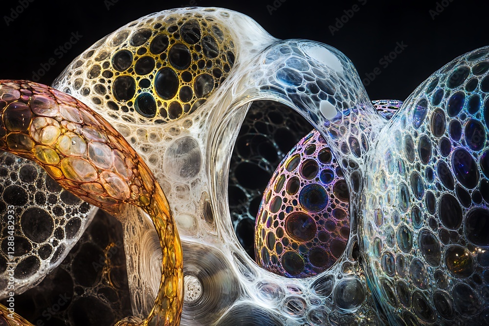 Poster abstract bubble cluster; iridescent, intricate, interconnected spheres.