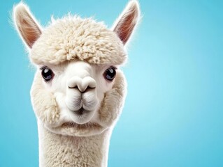 Obraz premium Funny white alpaca on blue background