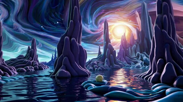 Surreal landscape with towering rock formations under a swirling sky, captured from a low angle, resembling a fantasy video game scene.
