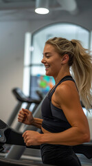 Fototapeta premium Happy fit woman jogging on a treadmill in a gym